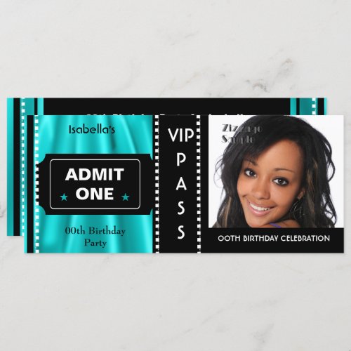 Admission Ticket Birthday Party Photo Teal Black Invitation