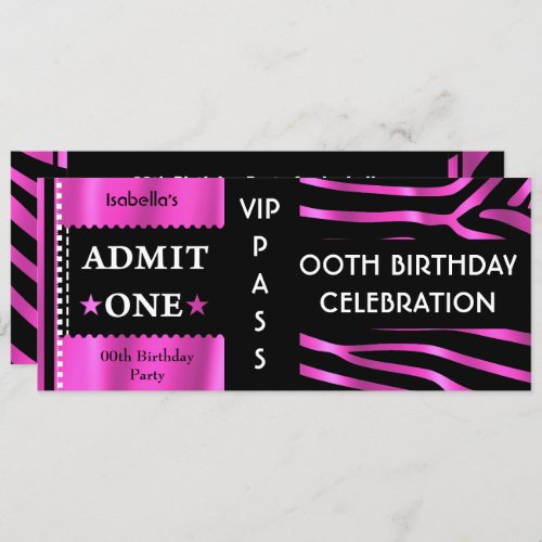 Admission Ticket Birthday Party Zebra Pink Black Invitation