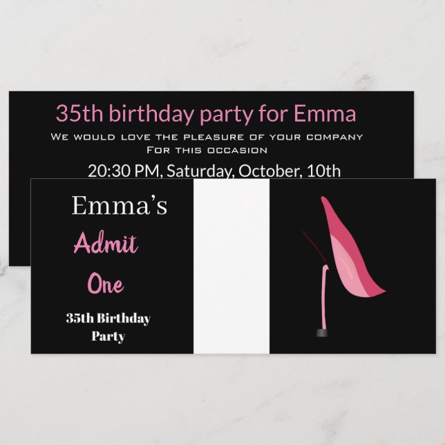 Admission Ticket Womans Elegant Black Birthday Invitation (Front/Back)