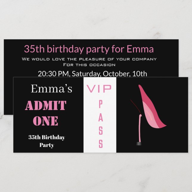 Admission Ticket Womans Elegant Black Pink Invitation (Front/Back)