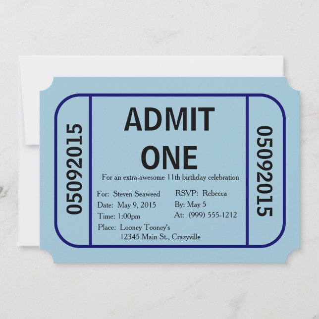 Admit One Ticket Birthday Party Invitation (Blue) (Front)