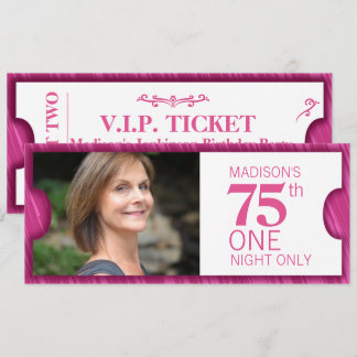 Admit one VIP 75th birthday party pink white Invitation