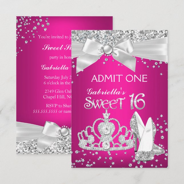 Admit Sparkle Tiara Heels Sweet 16 Hot Pink Invitation (Front/Back)