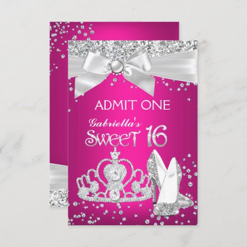 Admit Sparkle Tiara Heels Sweet 16 Hot Pink Invitation