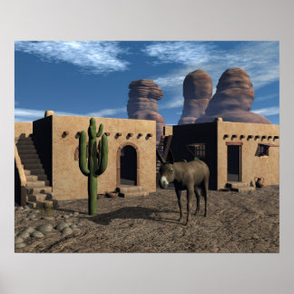 Adobe Dwellings and Burro Poster