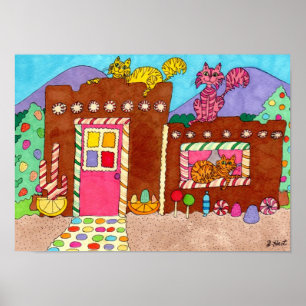 Adobe Gingerbread House With Cats Folk Art Poster