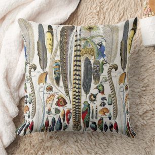 Adolphe Millot Dark Academia Vintage Bird Feather Throw Pillow