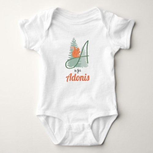 Adonis Name Reveal Letter A Woodland Boy Squirrel Baby Bodysuit