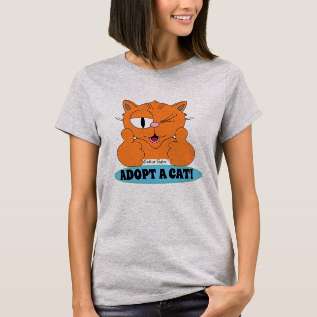 ADOPT A CAT! Thumbs Up Cartoon Cat T-Shirt (Front)