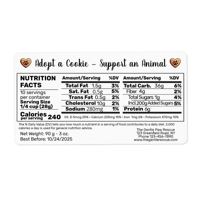 Adopt a Cookie Animal Rescue Bake Nutrition Facts Label (Front)