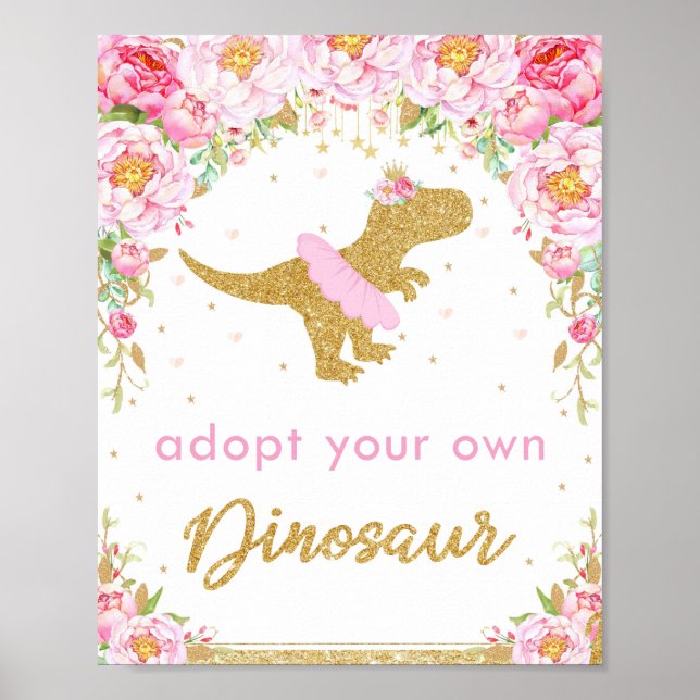Adopt a Dinosaur Birthday Party Sign Floral T-rex (Front)