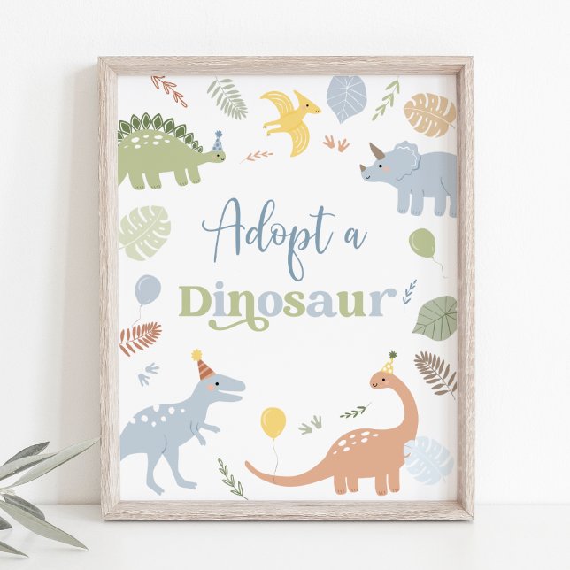 Adopt A Dinosaur Blue Boy Boho Birthday Poster (Stomp, chomp, and roar! Adorable boho dinosaur birthday theme 🦖🎈)