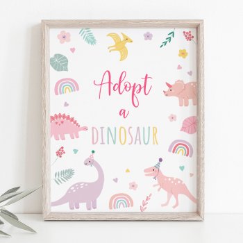 Adopt A Dinosaur Pink Boho Birthday Sign by LittlePrintsParties at Zazzle