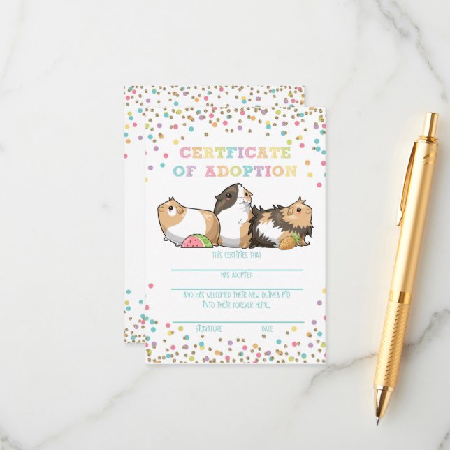 Adopt A Guinea Pig Certificate of Adoption (Front/Back In Situ)