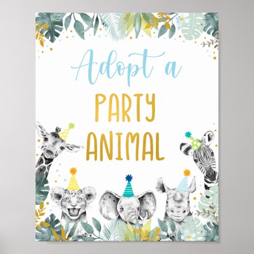 Adopt A Party Animal Blue Gold Birthday Sign
