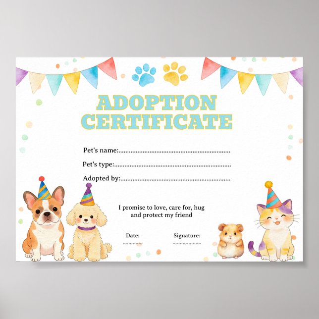 Adopt a pet coloring certificate poster (Front)