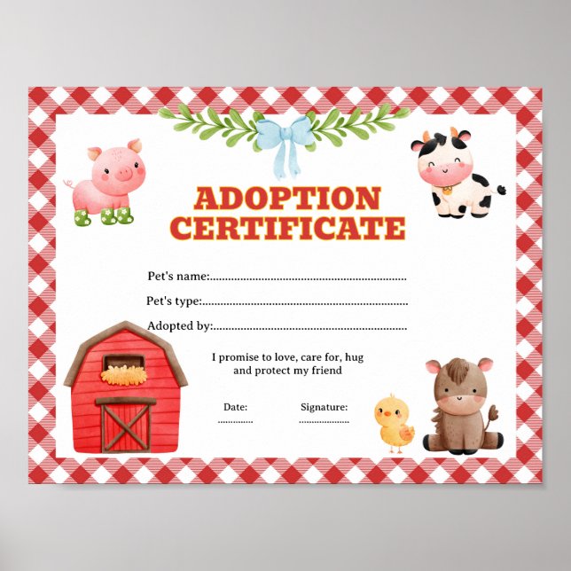 Adopt a pet farm coloring certificate poster (Front)