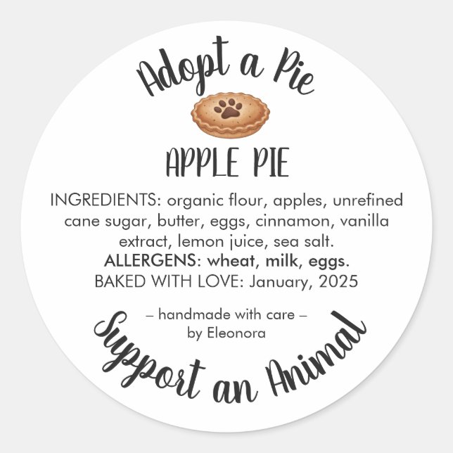 Adopt a Pie Animal Rescue Bakery Ingredients Classic Round Sticker (Front)