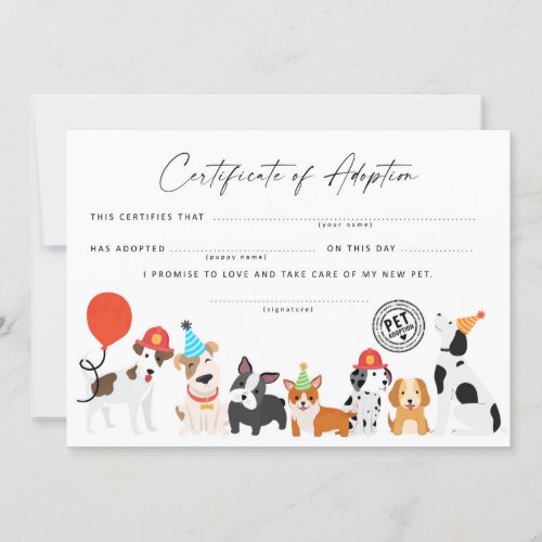 Adopt a Puppy Birthday Certificate of adoption Invitation