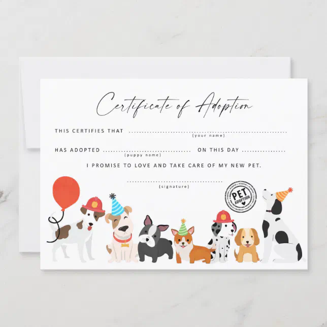 Adopt a Puppy Birthday Certificate of adoption Invitation | Zazzle