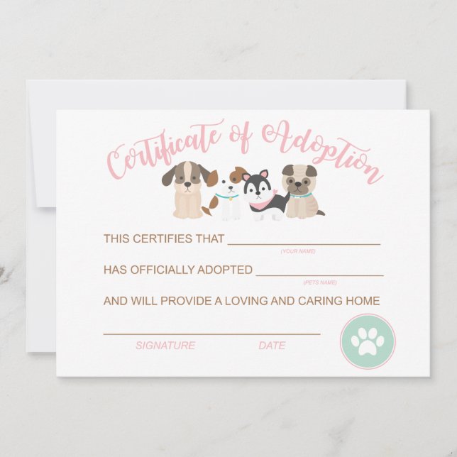 Adopt a Puppy Birthday Certificate of adoption Note Card (Front)