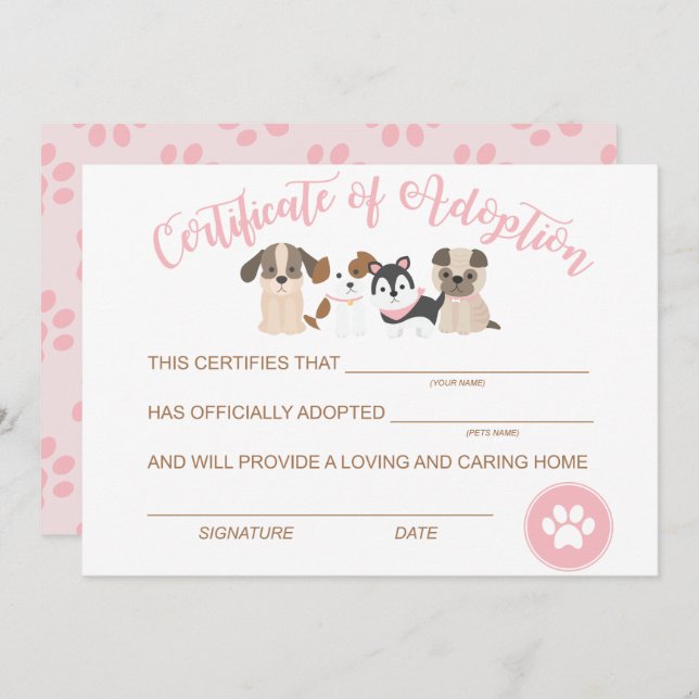 Adopt a Puppy Birthday Certificate of adoption Note Card (Front/Back)