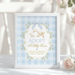 Adopt A Silly Goose Blue Gingham 1st Birthday Poster