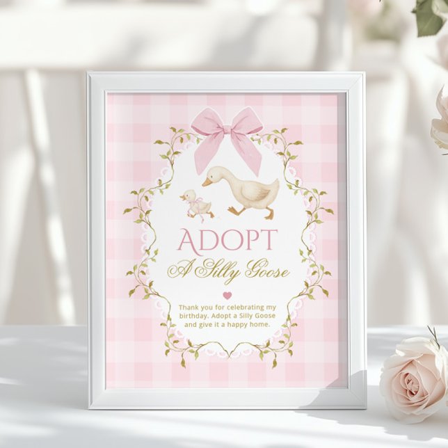 Adopt A Silly Goose Pink Gingham 1st Birthday Poster (Creator Uploaded)