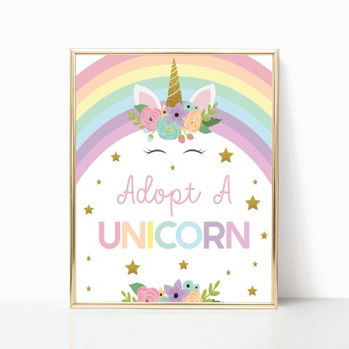 Adopt A Unicorn Rainbows Birthday Party Sign