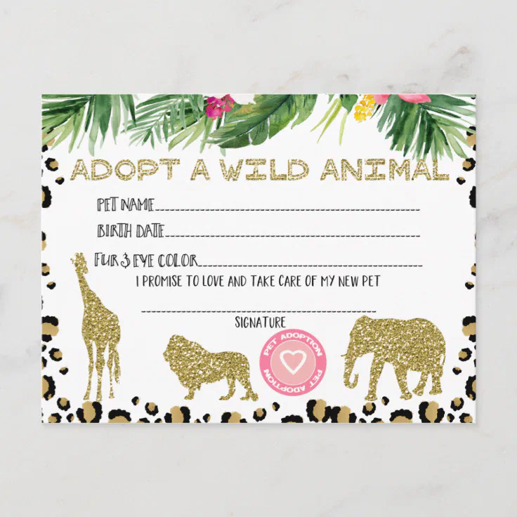 Adopt A Wild Animal Birthday Party Certificate Postcard | Zazzle