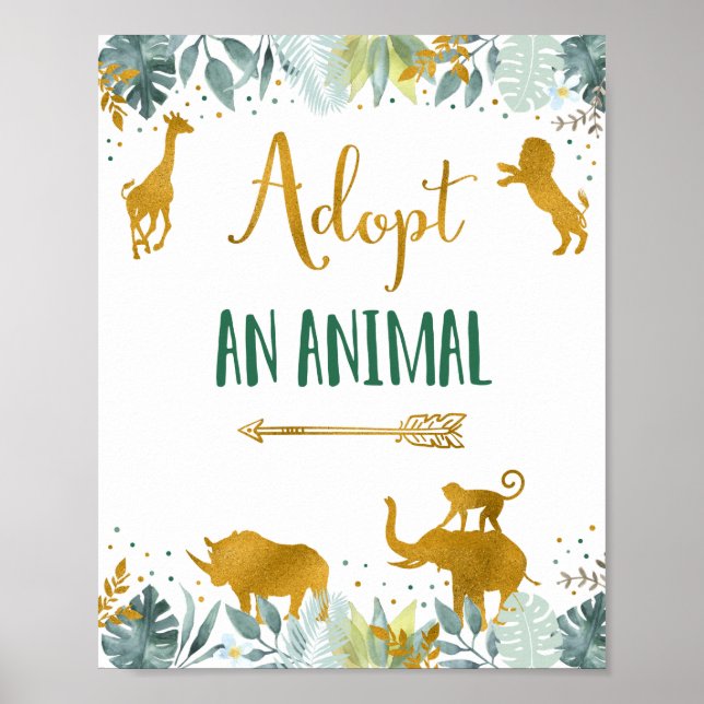 Adopt An Animal Greenery Gold Safari Birthday Sign (Front)