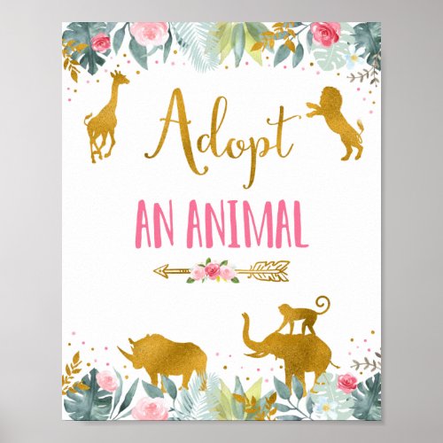 Adopt An Animal Pink Gold Safari Birthday Sign
