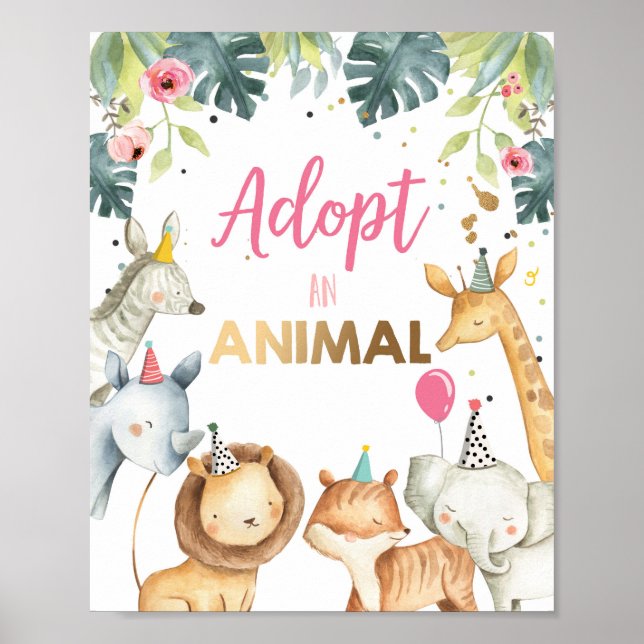 Adopt an Animal Safari Animals Birthday Table Sign (Front)