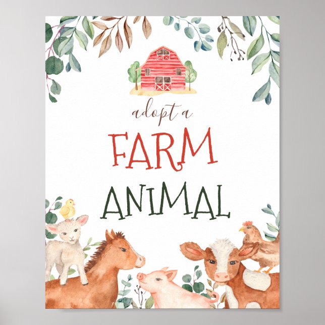 Adopt Farm Animal Sign Petting Zoo party (Front)