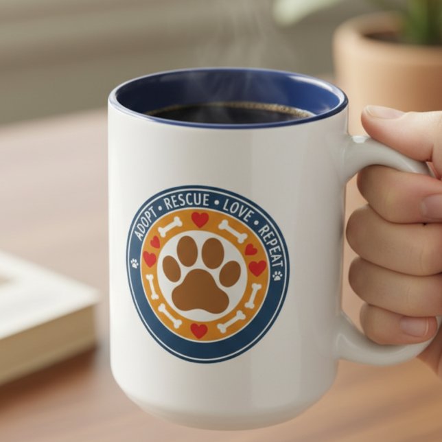 Adopt Rescue Love Repeat Badge Two-Tone Coffee Mug (Colorful rescue mug for the animal advocate — inspiring adoption day gift idea for her.)