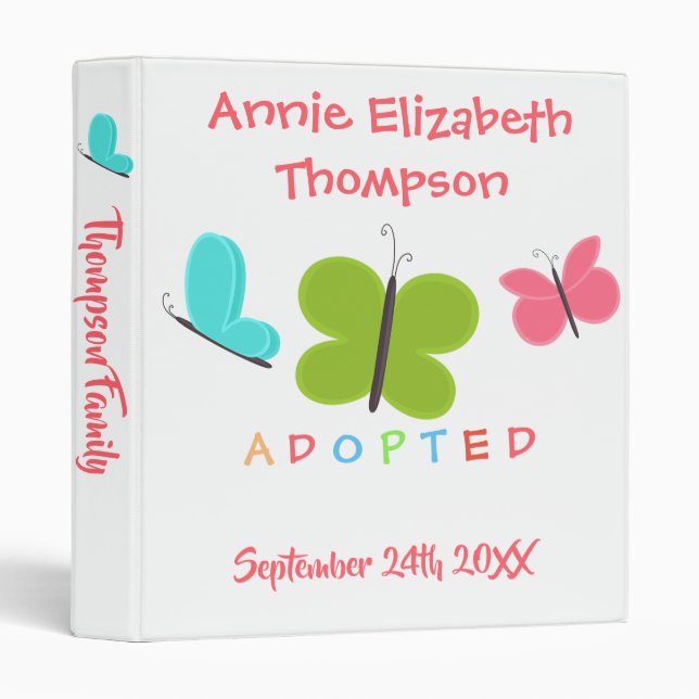 Adopted Butterfly Adoption - Custom Name 3 Ring Binder (Front/Spine)