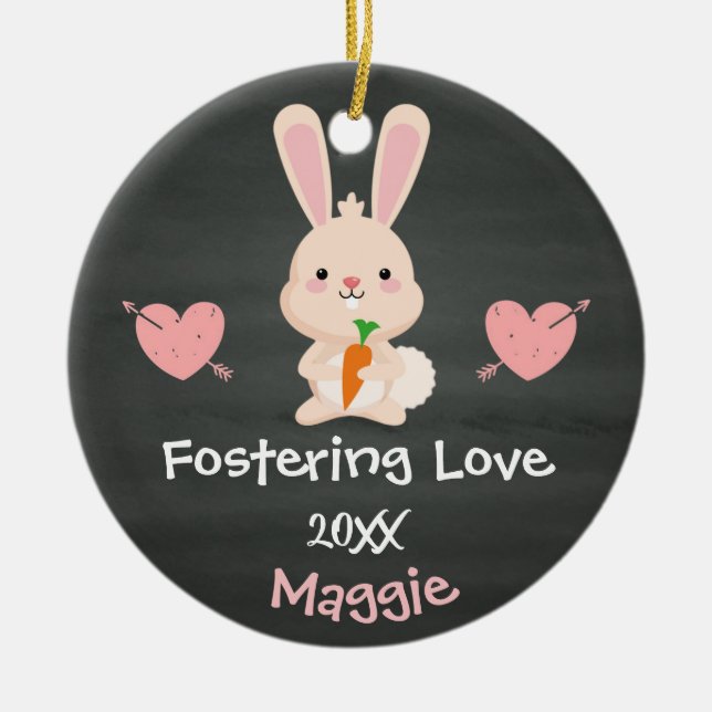 Adopted - Customized Pink Bunny Foster Care Gift Ceramic Ornament (Front)