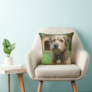 Adopted Scruffy Dog With Doghouse Throw Pillow