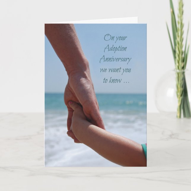 Adoption Anniversary Holding Hands at Beach, Ocean Card (Front)