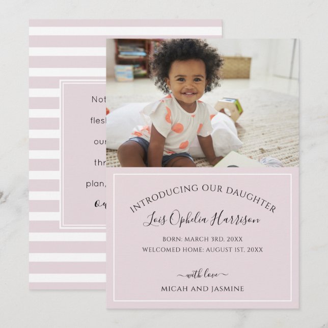 Adoption Announcement Blush Pink and White Stripe  (Front/Back)