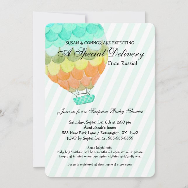 Adoption Boy Baby Shower, mint hot air balloon Invitation (Front)