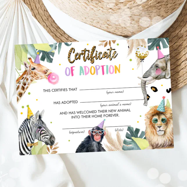 Adoption Certificate Safari Party Animals Birthday Invitation Zazzle Adoption Certificate Safari Party Animals Birthday Invitation Zazzle