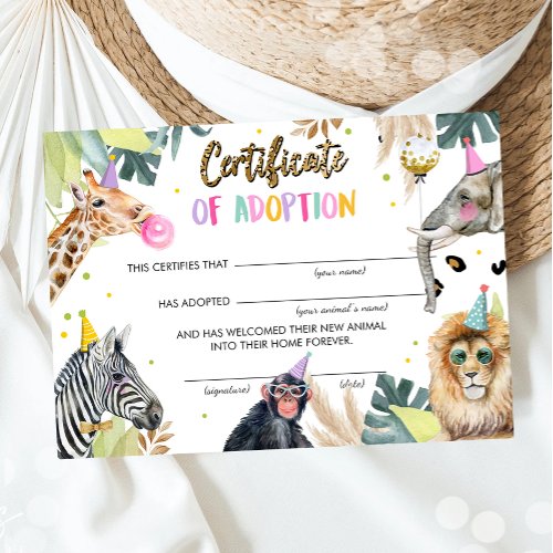 Adoption Certificate Safari Party Animals Birthday Invitation