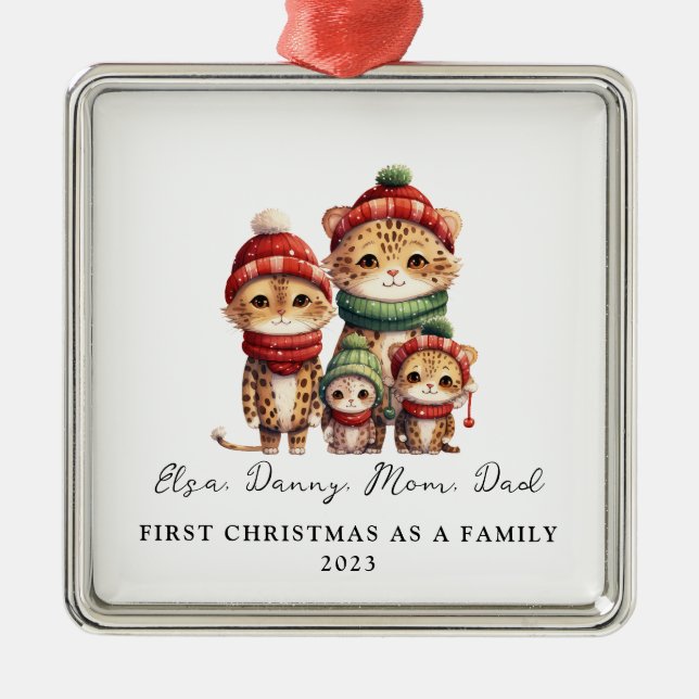 Adoption First Christmas As a Family of 4 Cheetah Metal Ornament (Front)