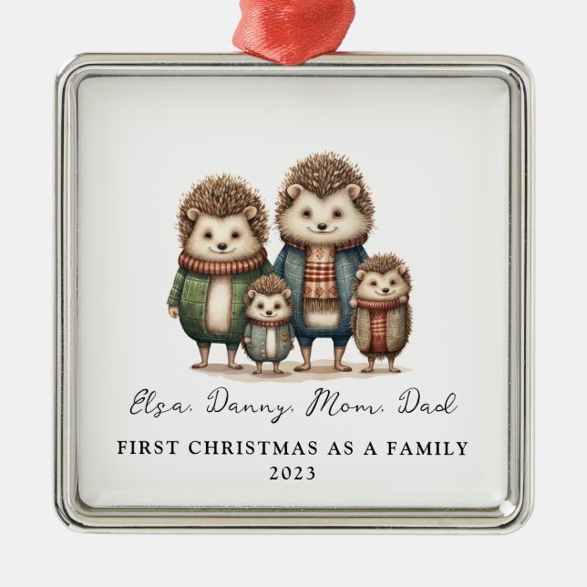 Adoption First Christmas As a Family of 4 Hedgehog Metal Ornament (Front)