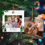 Adoption First Christmas Rustic Trees Photo Ceramic Ornament<br><div class="desc">First Christmas as a Family! Perfect for Adoptions, Foster Parents, Gotcha Day, Homecoming Celebrations, or Family Day! Cute, Modern yet Rustic Christmas Holiday Photo Square Ornaments featuring adorable little forests of rustic Christmas trees and Merry Christmas in modern typography. Add 2 of your favorite photos for the perfect ornament! Please...</div>