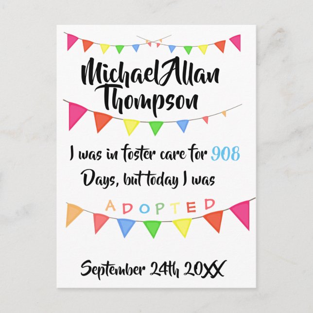 Adoption From Foster Care Announcement- Party Invitation Postcard (Front)