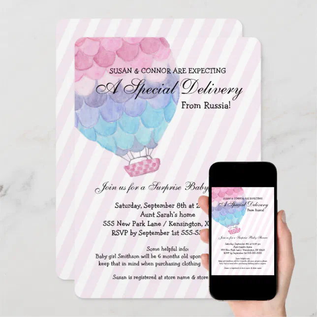 Adoption Girl Baby Shower, pink hot air balloon Invitation Zazzle
