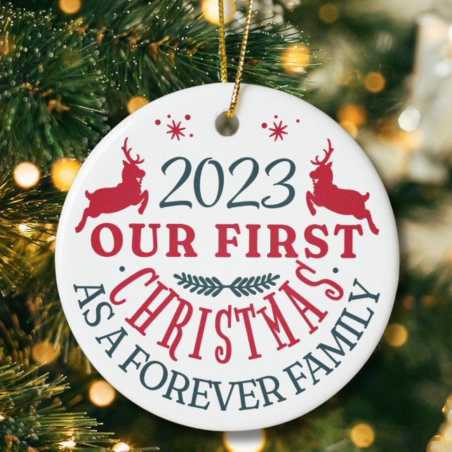 Adoption "Our First Forever Family Christmas" Ceramic Ornament (Our first christmas as a forever family adoption ornament custom year & name adoption keepsake gift)