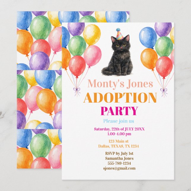Adoption Party Gotcha day Black Cat Pet Invitation (Front/Back)